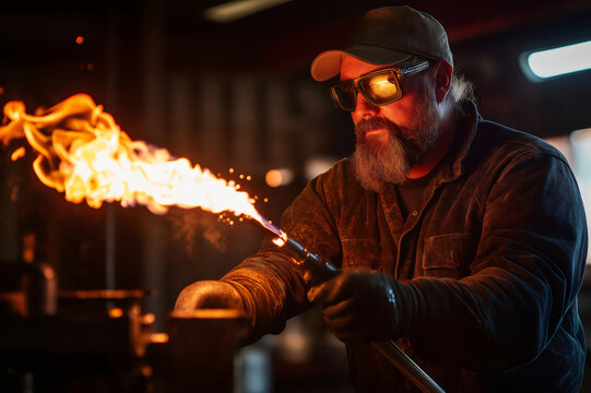 Metal sculptor wearing protective glasses and gloves using blowtorch to create a metal sculpture in a workshop