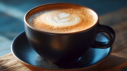 Creamy latte art in black ceramic cup on wooden surface with soft lighting and moody atmosphere, showcasing barista craftsmanship and coffee culture.
