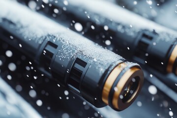 A festive scene with fireworks going off amidst a snowy city night.