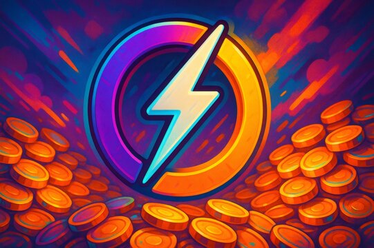 Electroneum cryptocurrency logo shining over a mountain of digital coins