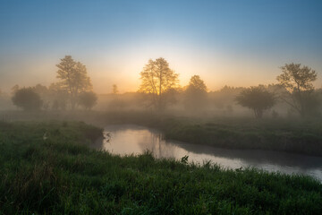 Serene Sunrise Over Misty River