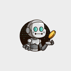 cute cartoon mascot logo of a sophisticated robot playing with gold coins with technology he is able to create wealth