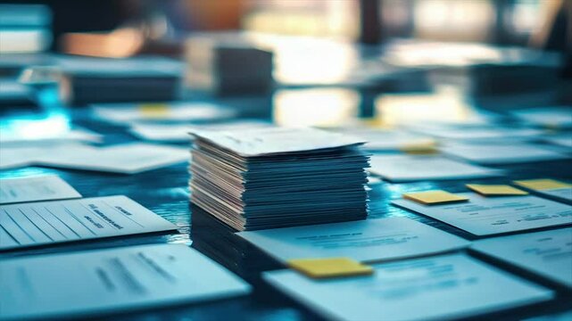 Organized stacks of documents, papers, and sticky notes on a desk
