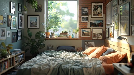 Sunlit bedroom with plants, books, and wall art. Cozy and inviting space with a large bed