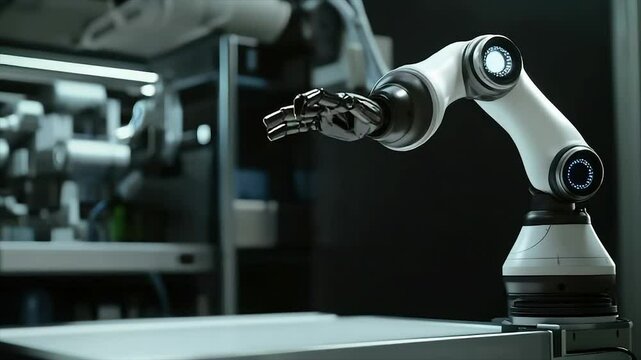 Advanced robotic arm in a factory setting.  Detailed view of a precise industrial robotic arm
