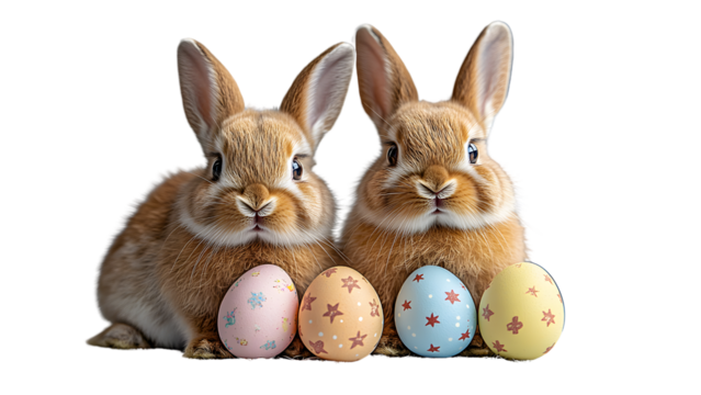 Two fluffy brown bunnies sit sidebyside, cradling pastel easter eggs, isolated on transparent background