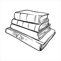 Black and white line drawing of a stack of four books. Hand drawn black and white vector illustration of books. Minimalistic sketch Book Stack in line art style