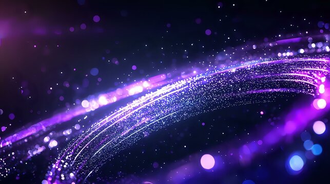 Glowing purple and blue particles flow in curved lines against dark background with bokeh light effects and sparkles creating magical atmosphere.