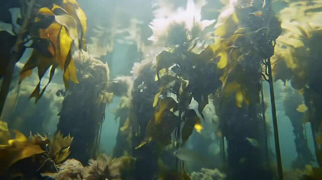 Underwater Kelp Forest with Golden Seaweed in Ocean Marine Ecosystem