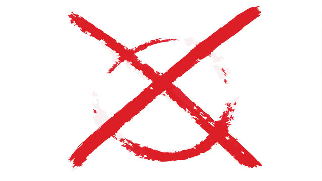 Red cross and circle drawn with a brush style on a white background in a simple illustration