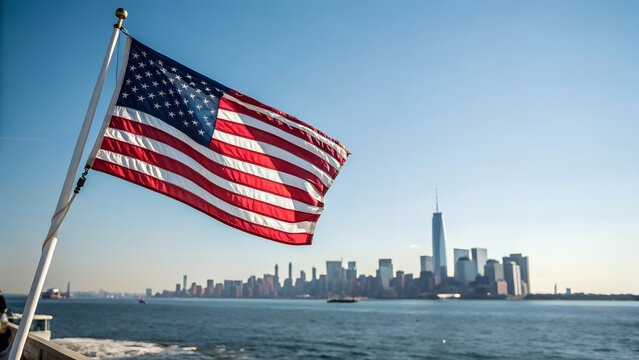 American flag waving with new york city skyline in the background