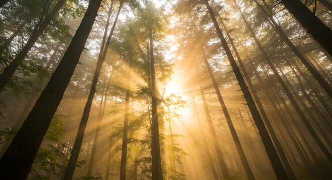 Forest canopy at sunrise. Shoot straight up from a forest floor to capture tall trunks and rays of golden light (vertical orientation), or pan out horizontally to include the entire treeline and a mis