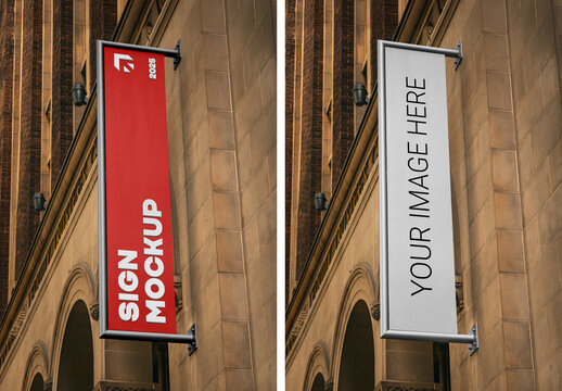 Vertical Sign Attached to Wall Mockup