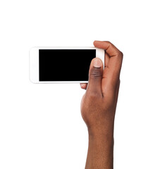 Man taking picture using smart phone. Black hand holding smartphone and shooting photo, isolated on white
