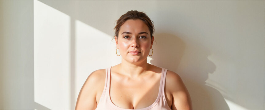 Confident plus size woman posing in minimalist setting, self-acceptance