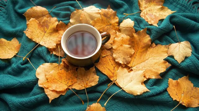 A cup of coffee surrounded by autumn leaves on a teal blanket creating a cozy fall atmosphere view