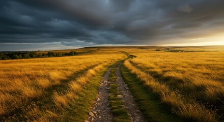 Scenic nature trail winding through rocky fields and meadows.