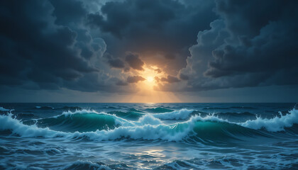 Fototapeta premium Dramatic ocean with stormy clouds and a light path on the water's surface.