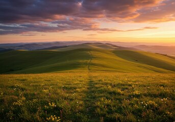 Obraz premium Tranquil evening landscape with gently sloping hills and vivid sunset hues.