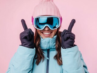 A happy young woman wearing a ski outfit and posing with her hands up, showing enthusiasm for winter sports.