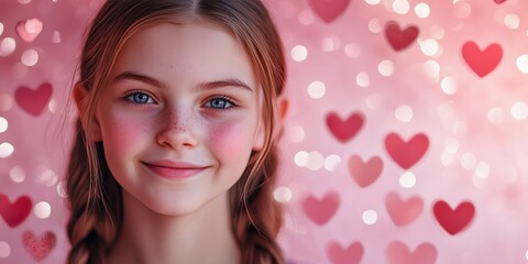 A young girl smiling at the camera with heart-shaped paint on her face. She has blonde hair and is wearing a white top.