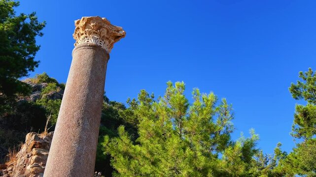 Ruins of the ancient Roman port city of Siedra in Alanya, Antalya, Turkey. The street and ruins of the ancient abandoned ancient city of Siedra on the Mediterranean coast. 4К	