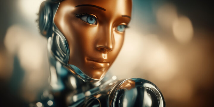 This close-up portrait showcases a female-like robot with realistic skin on her face and head, created by ai