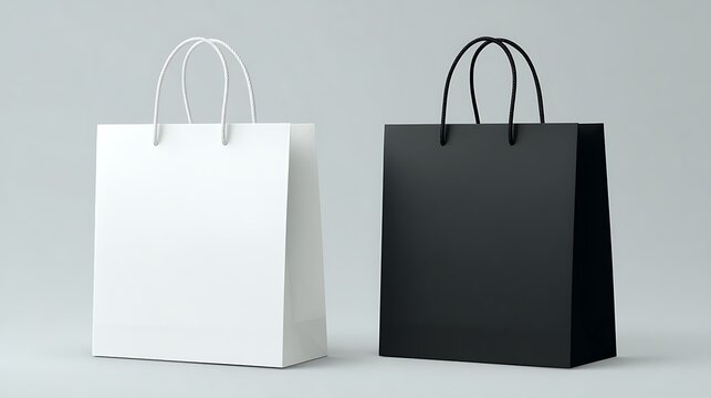 Vector mockup of white and black paper shopping bags with handles, showing a front view, ideal for reusable branding .
