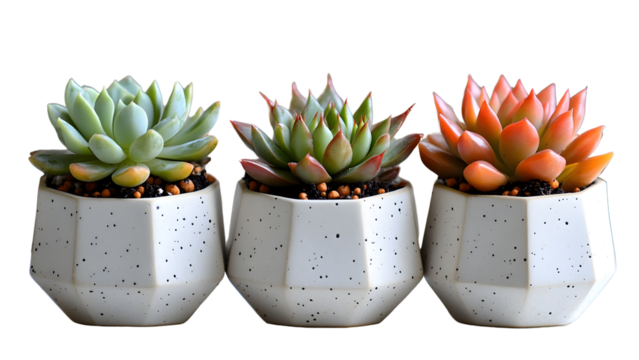 Three succulent plants in geometric speckled pots, isolated on transparent background
