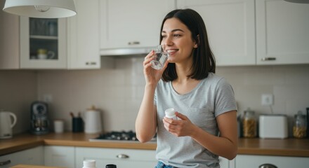 Woman Taking Vitamins and Drinking Water in Her Kitchen: A Healthy Habit