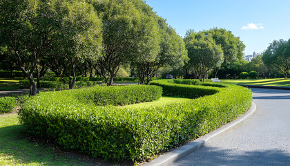 Fototapeta premium Public park gardening: renewal pruning of pittosporum tobira shrubs with ground cover sheet