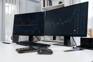 Two screens of dynamic stock market exchange graph showing on computer. Automatically trading sell...