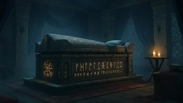 Eerie Ancient Tomb Interior with Runes and Candlelight Illuminating Stone Sarcophagi