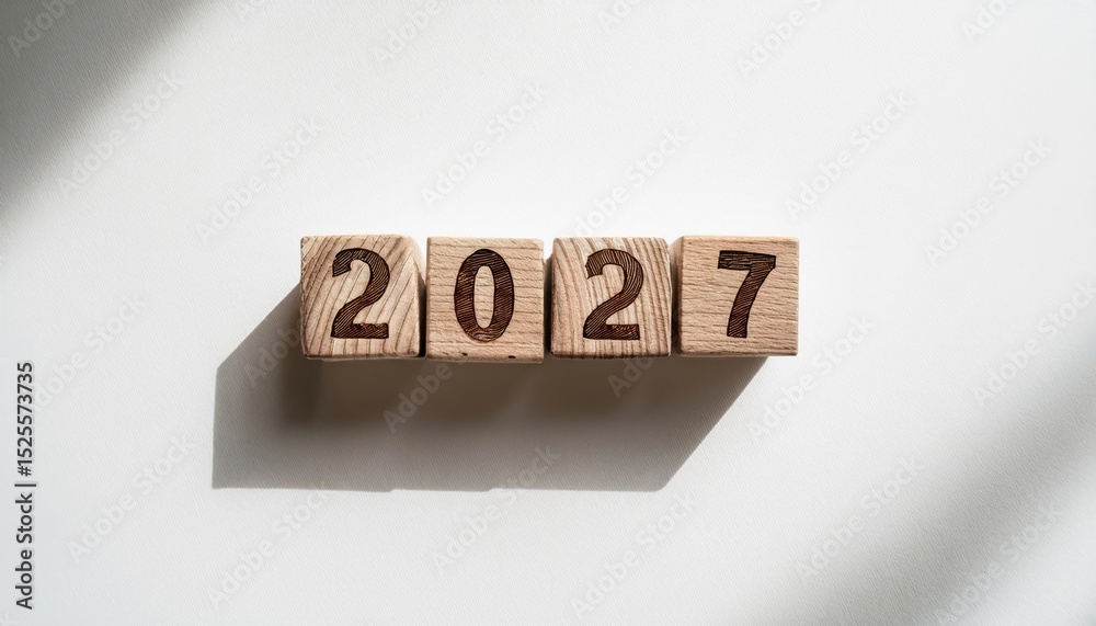 Poster wooden number blocks forming 2027 casting sharp shadows on white textured paper in natural sunlight 