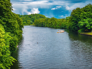 View of green summer forest and blue lake