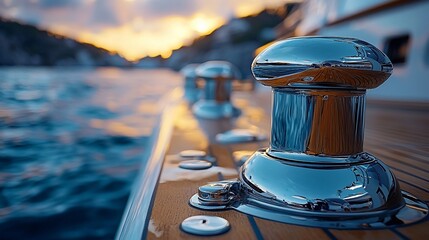 Obraz premium Polished chrome cleat on a yacht deck at sunset, reflecting the water and sky