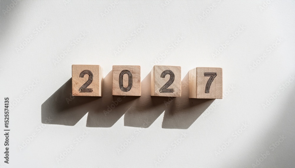 Poster wooden number blocks forming 2027 casting sharp shadows on white textured paper in natural sunlight 