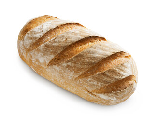 Baguette loaf isolated at white background. Fresh long loaf with golden crust