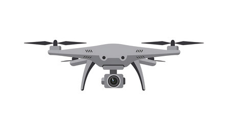 Illustration of a drone flying with camera lens, isolated on white, in flat vector style.