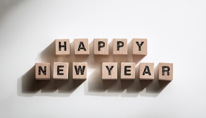 Obraz premium happy new year message in wooden letter blocks casting long shadows on white textured background for minimalist holiday design, greeting card, or banner use