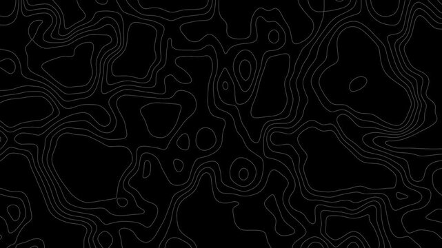 A high-resolution 4K animated black topographic map background featuring smooth, flowing contour lines. This seamless loop is ideal for use in presentations, data visualizations, technology videos