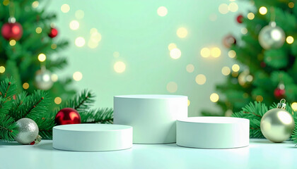 Festive product display with green podiums, Christmas trees, ornaments, and glowing bokeh lights