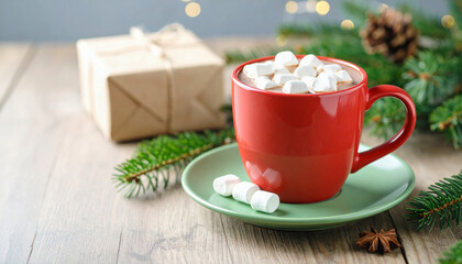 Red cup of hot chocolate with marshmallows, gift and Christmas tree branches celebrating Christmas time