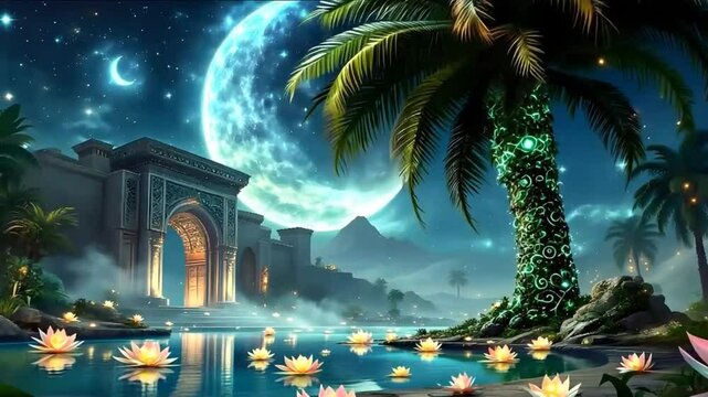 "Glowing Moon & Lotus Flowers - Mystical Night Scene 4K"