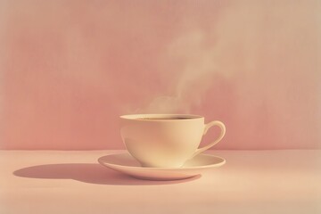 Obraz premium White ceramic cup filled with steaming coffee sits on a saucer against a soft pink background, creating a warm and inviting atmosphere for beverage lovers