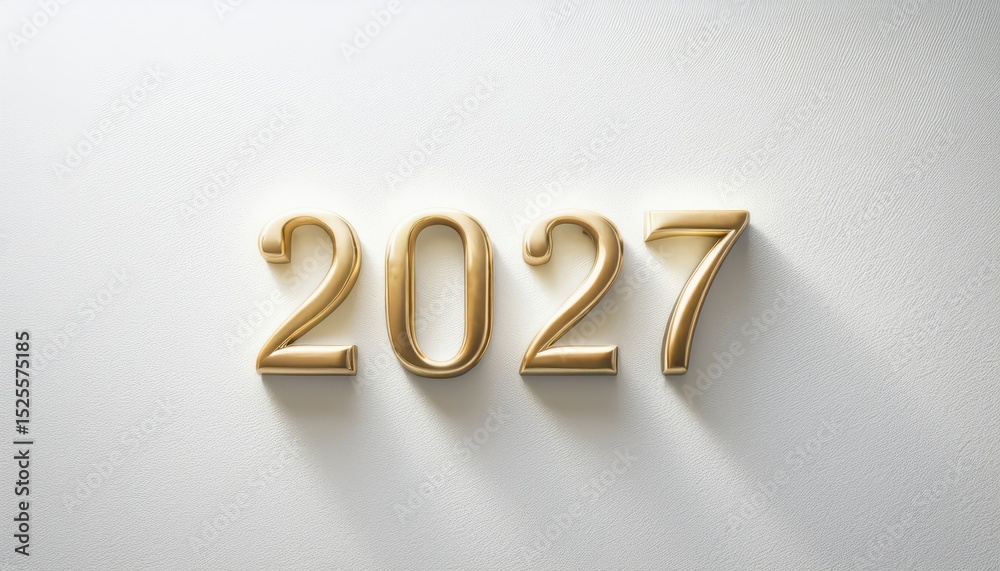 Poster elegant 2027 gold number typography with layered metallic texture and soft shadows on white textured wall background for calendar, branding, header, or digital greeting card design

