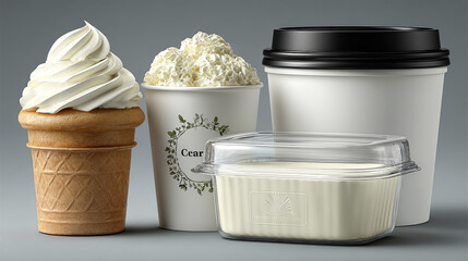 White plastic ice cream bucket container mockup. 3d yogurt paper round cup vector mock up. Clear realistic frozen food packing template for branding pack different view. Isolated mousse tube image