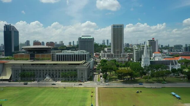 day time singapore city center famous museum field square aerial panorama 4k 