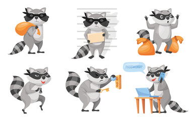 Cartoon raccoon thief. Racoon bandit funny character, cute animal in robber mask with striped tail angry gesture burglar face photo print hack password, neat vector illustration