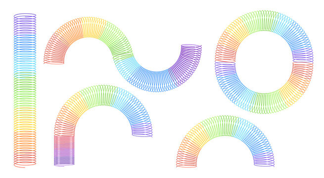 Rainbow spring toy. Children spiral plastic toys retro play game 90s, colorful flexible wire slinky coil baby kid physics bridge resilient springy roll, neat vector illustration